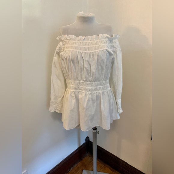 VTG Ninety Cotton Peasant Whit Off Shoulder smocked Pirate Victorian Top y2k 90s - Picture 8 of 13